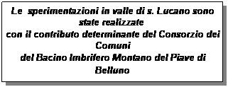 Casella di testo: Le  sperimentazioni in valle di s. Lucano sono state realizzate  
con il contributo determinante del Consorzio dei Comuni 
del Bacino Imbrifero Montano del Piave di Belluno 
